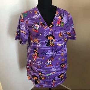 Nick Jr Halloween Dora the Explorer Boots Purple Swiper Pumpkin Scrub Top XS
